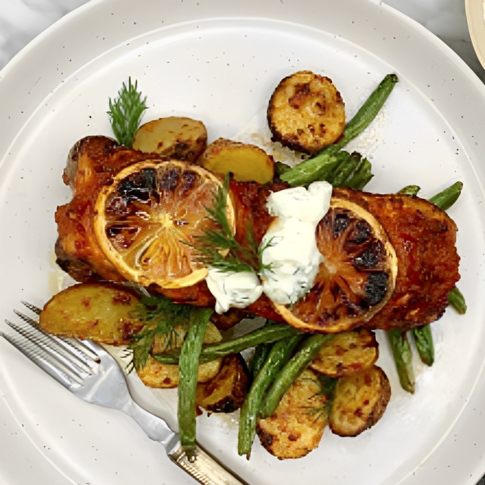 Air Fried Red Pepper Salmon with Green Beans and Baby Potatoes