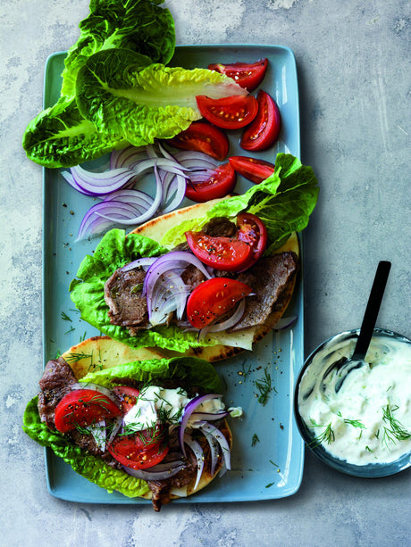 Beef Pitas with Red Onion & Tzatziki
