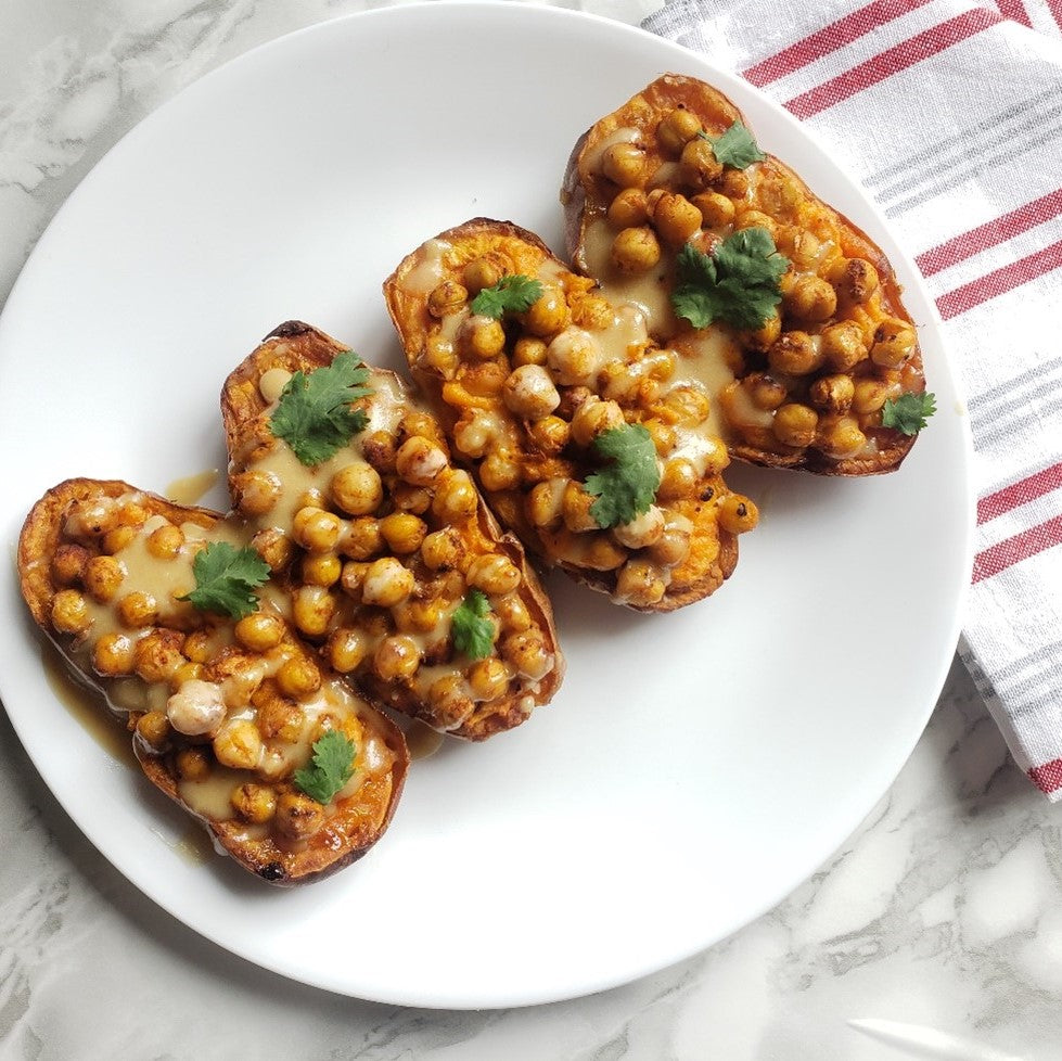 Chickpea Stuffed Sweet Potatoes with Tahini Dressing