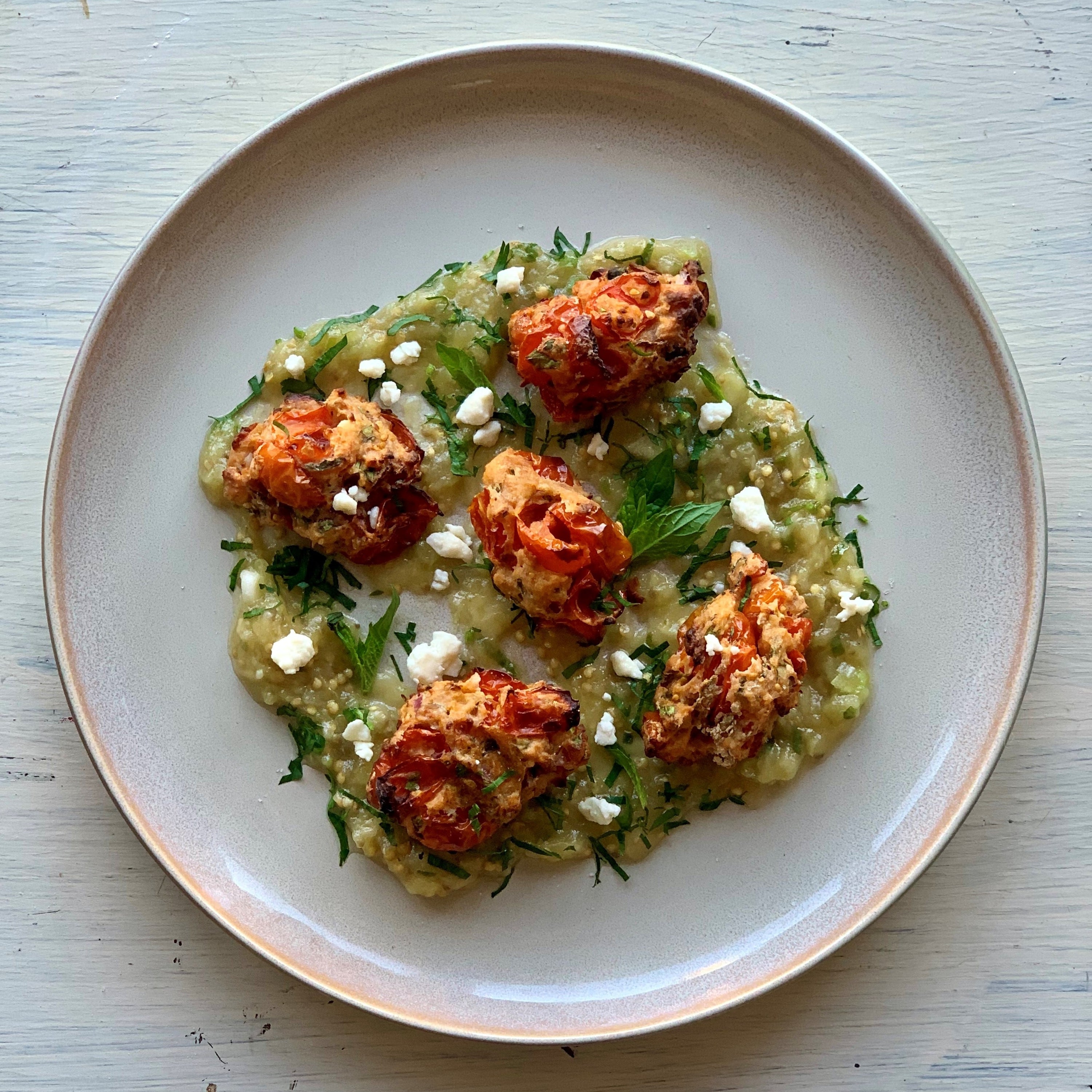 Greek Tomato Fritters (Tomatokeftedes) with Traditional Eggplant Dip (Melitzanosalata)