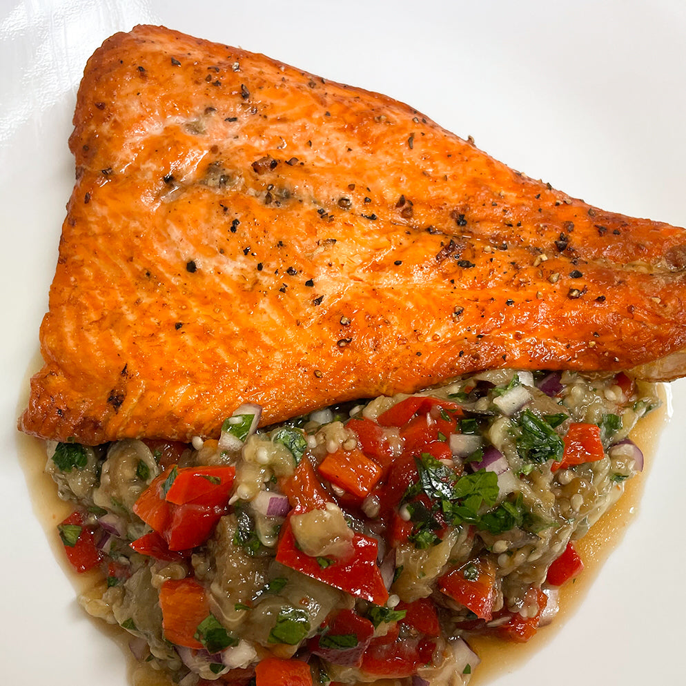Trout with Roasted Eggplant and Red Pepper Salad