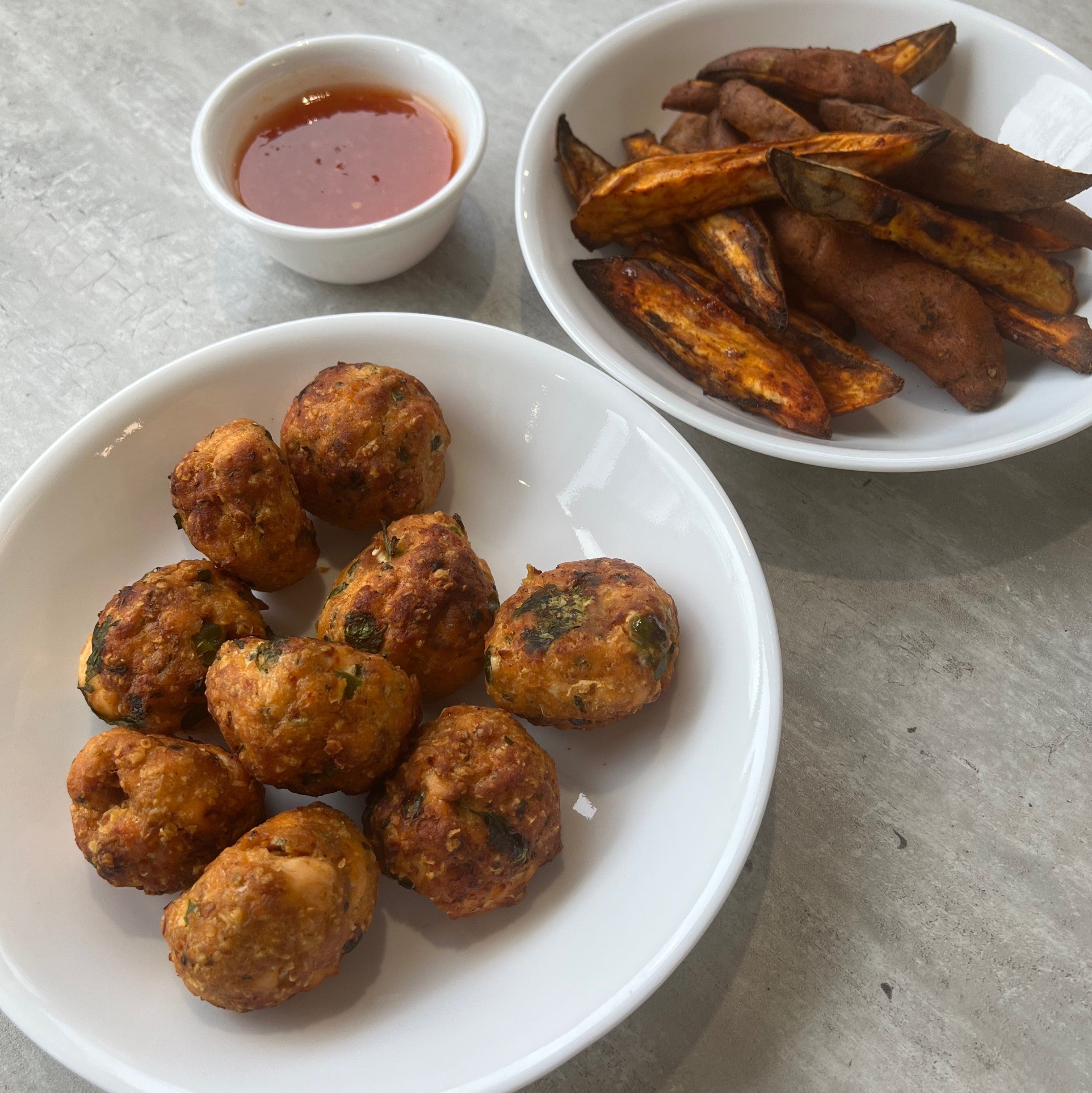 Thai Salmon Balls & Sweet Potato Wedges