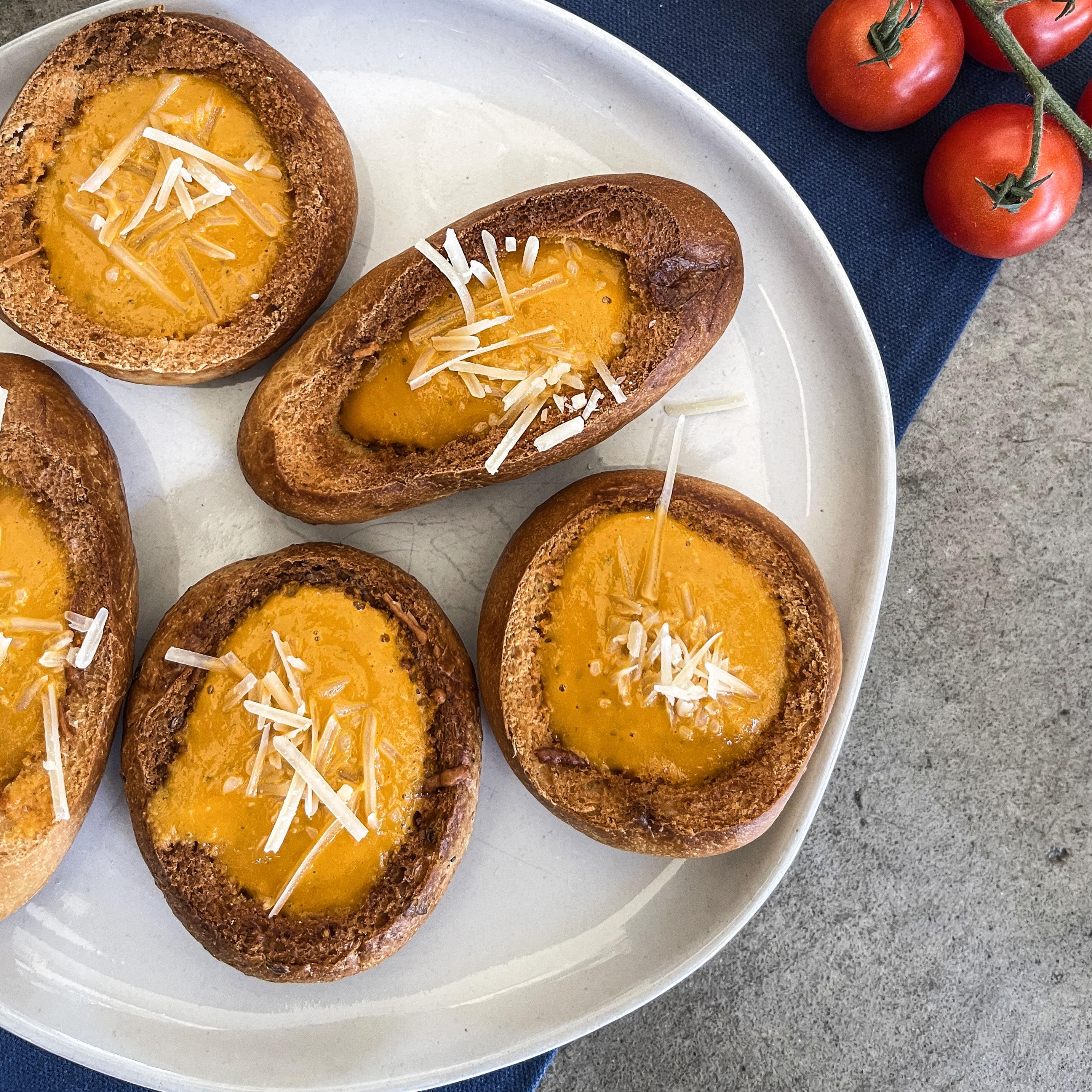 Tomato Soup in Cheesy Bread Bowl