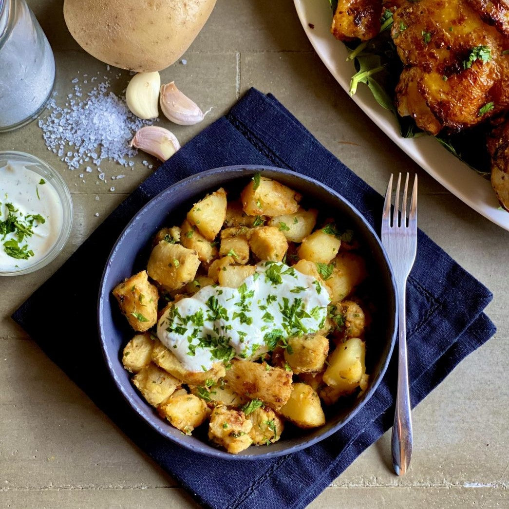Herbes de Provence Potatoes and Sweet Potatoes with Greek Yogurt Dress