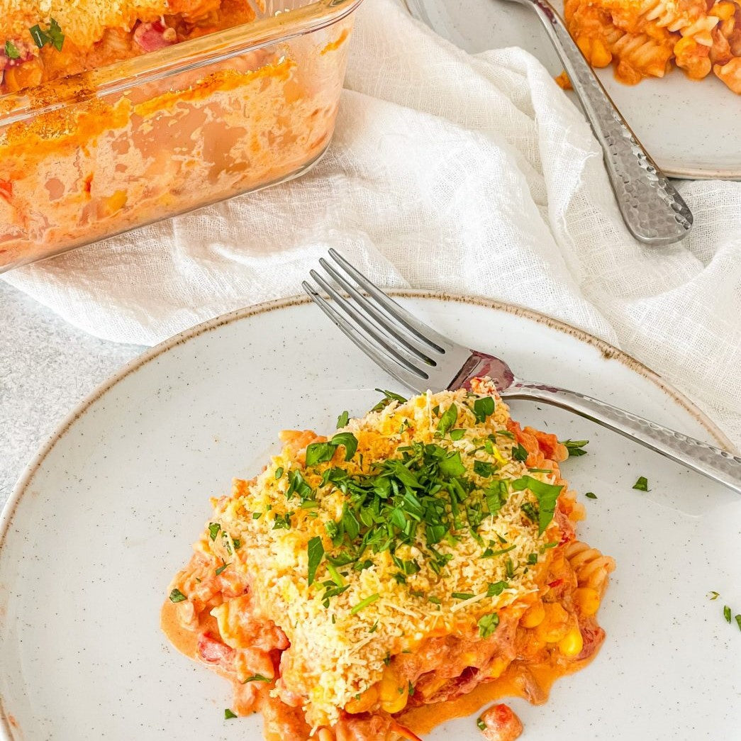 Corn, Tuna, and Pink Sauce Baked Pasta