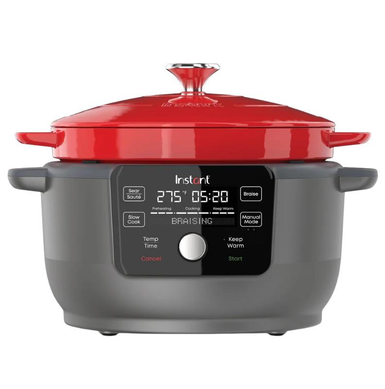 Front-facing view of the Instant Pot® Precision 6QT Dutch Oven with Red Lid.