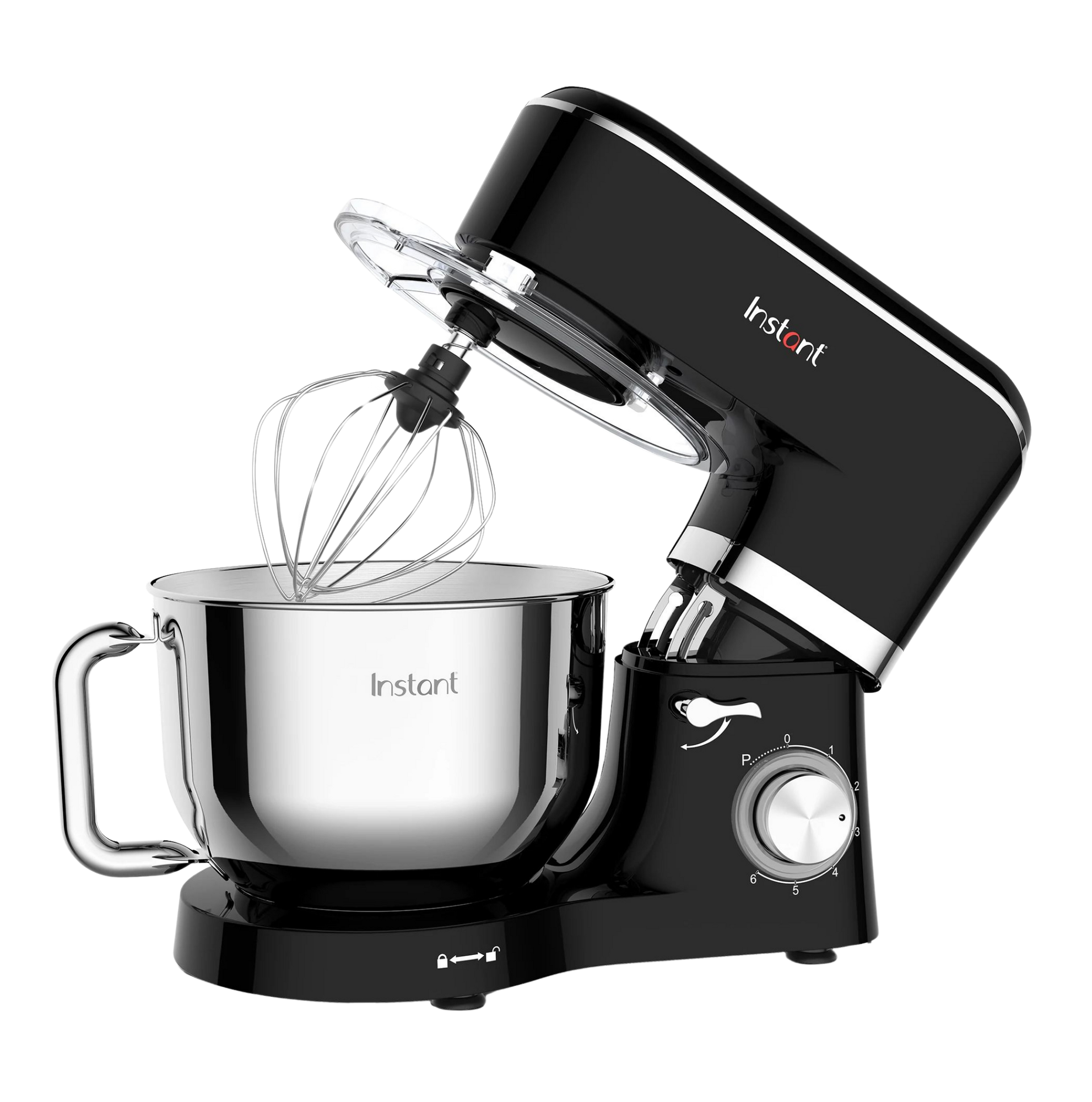 Instant Pot® Stand Mixer in black with tilt-head lifted and balloon whisk attachment above a polished stainless steel mixing bowl.