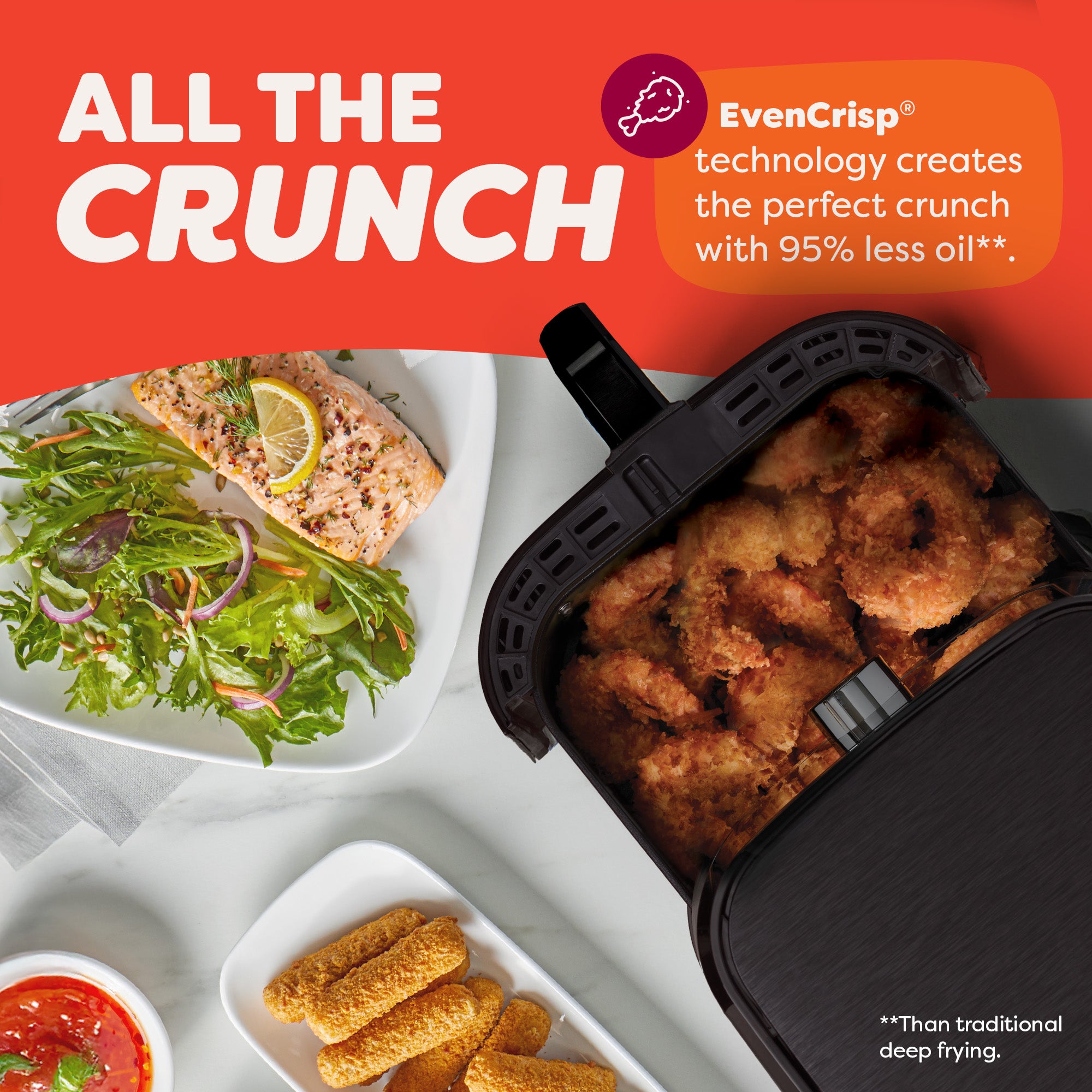 Air fryer basket filled with crispy breaded shrimp next to plates of salmon salad and mozzarella sticks with dipping sauce. Text reads: 'All the Crunch — EvenCrisp® technology creates the perfect crunch with 95% less oil.' Fine print notes: 'Than traditional deep frying.'