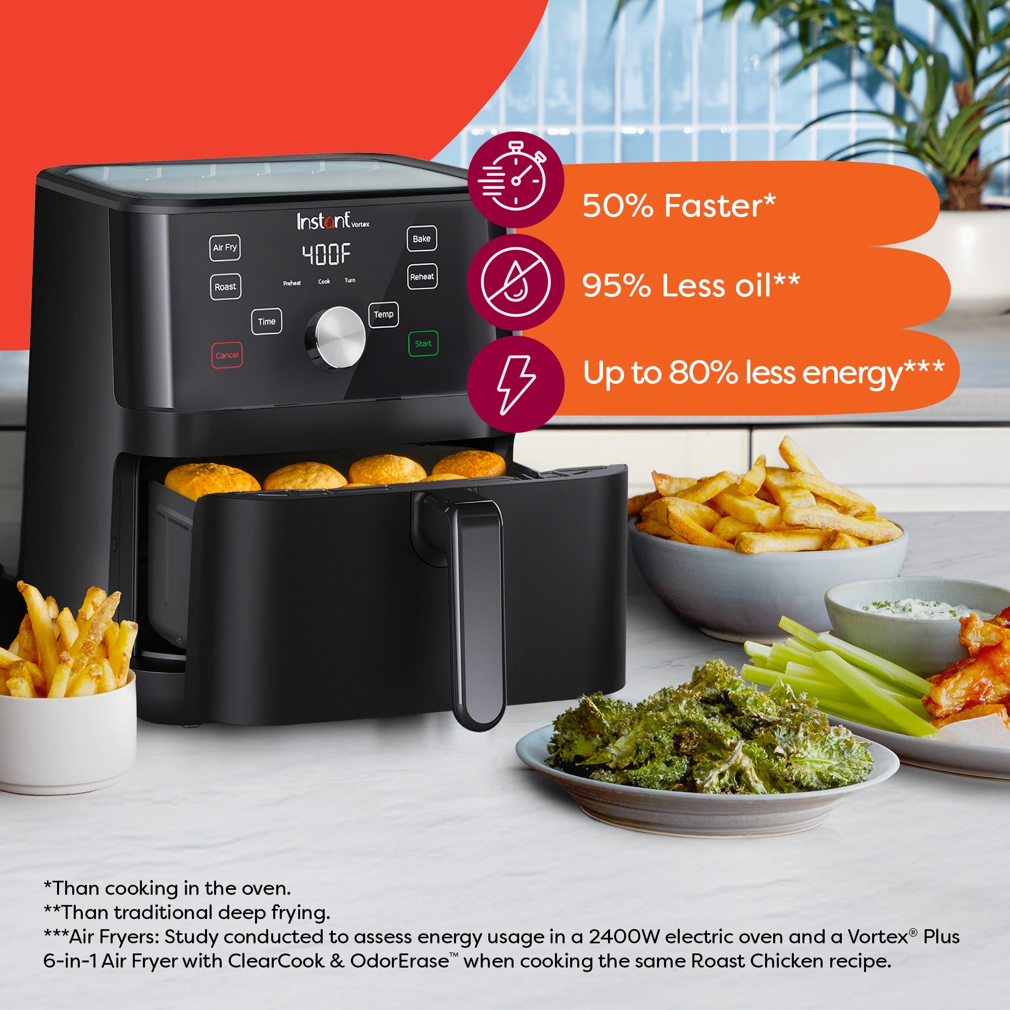 Instant Vortex air fryer on a kitchen counter with golden pastries inside the basket. Surrounding it are bowls of fries, celery sticks, dipping sauces, and roasted broccoli. Text highlights: '50% Faster, 95% Less Oil*, Up to 80% Less Energy***.' Fine print explains comparisons to oven cooking, deep frying, and energy usage study.