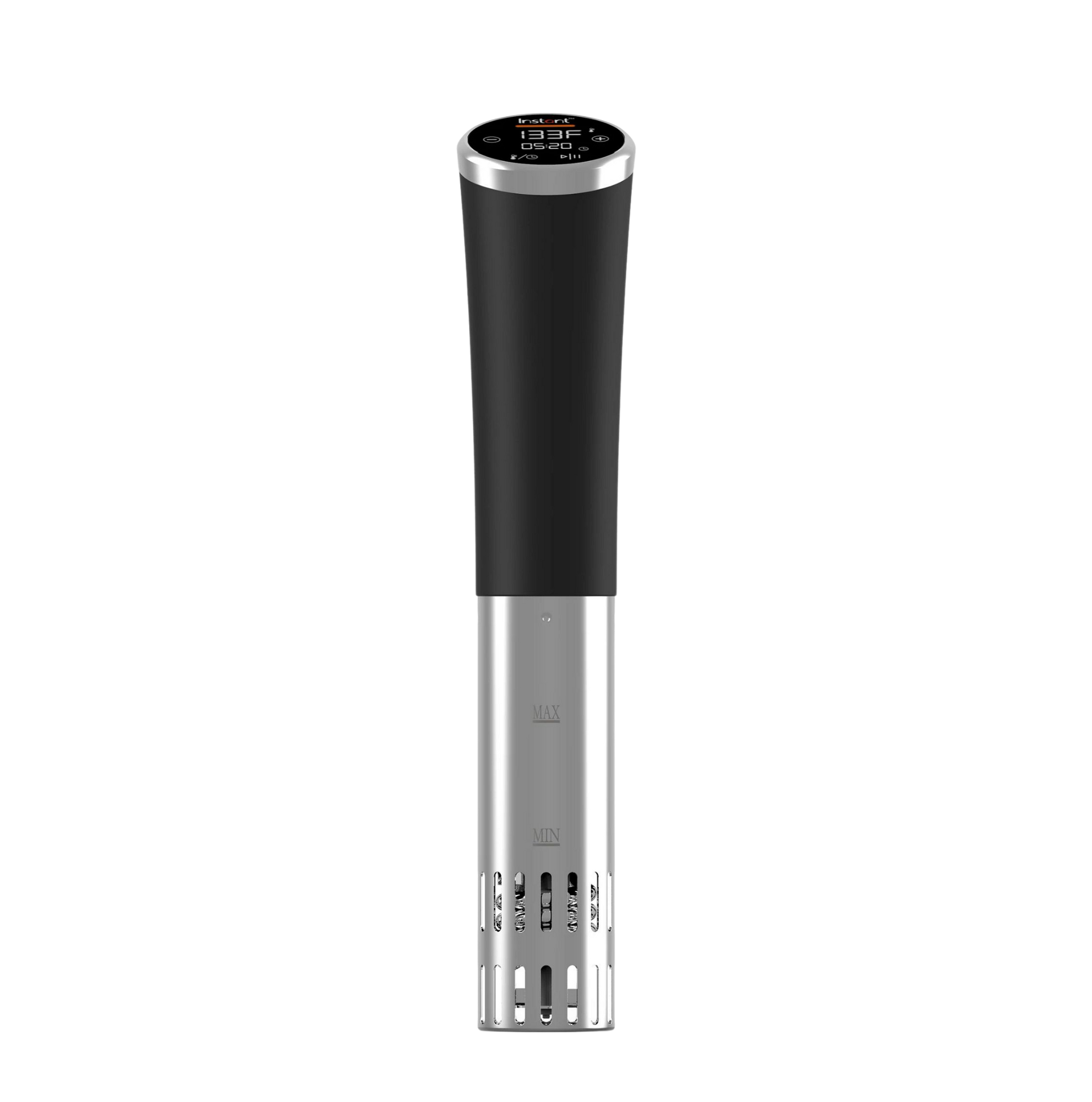 Instant Pot® Accu Slim Sous Vide Immersion Circulator with a sleek black and stainless steel design, featuring a digital display showing temperature and cooking time.