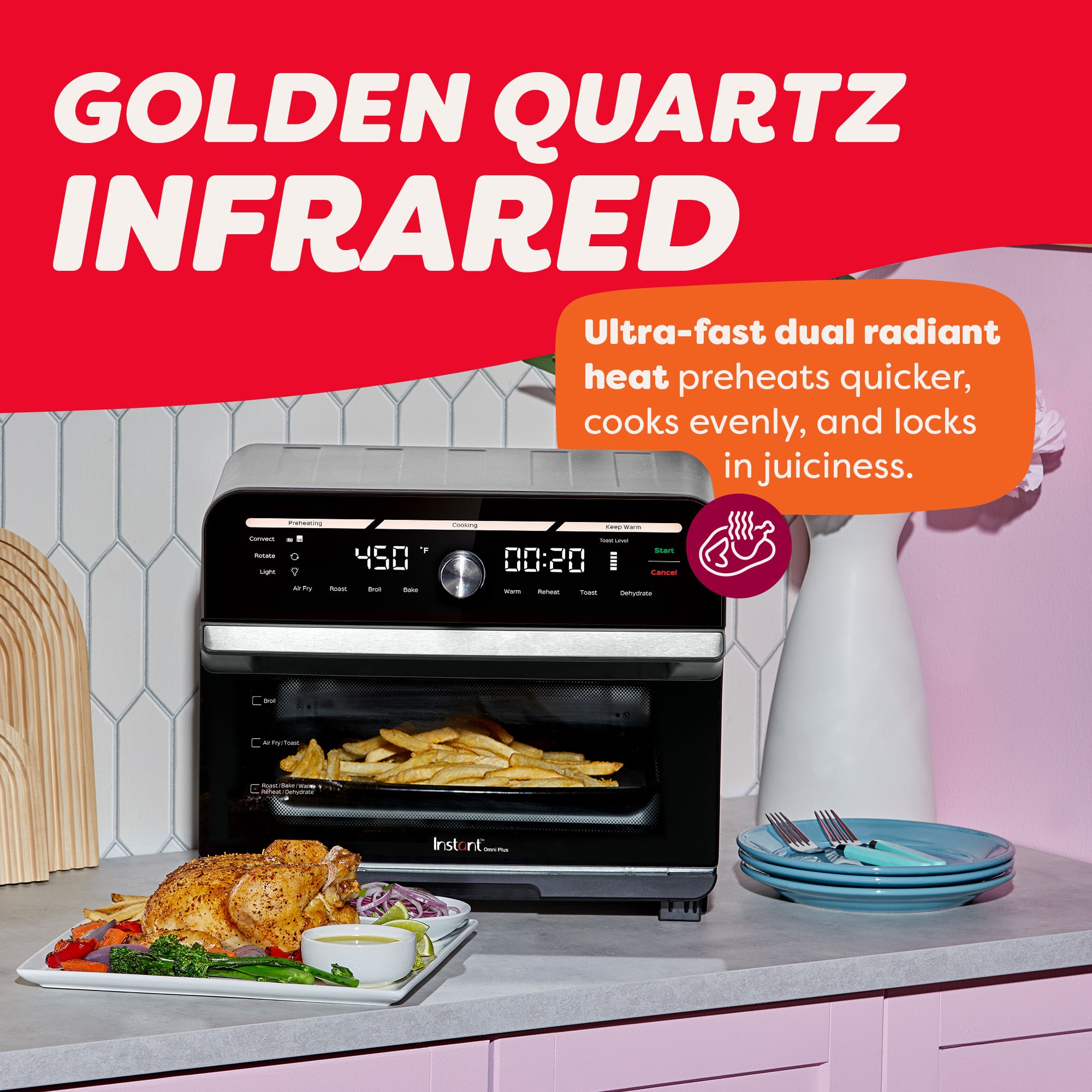 Oven cooking fries with display on. Text highlights fast, even cooking using golden quartz infrared heat.