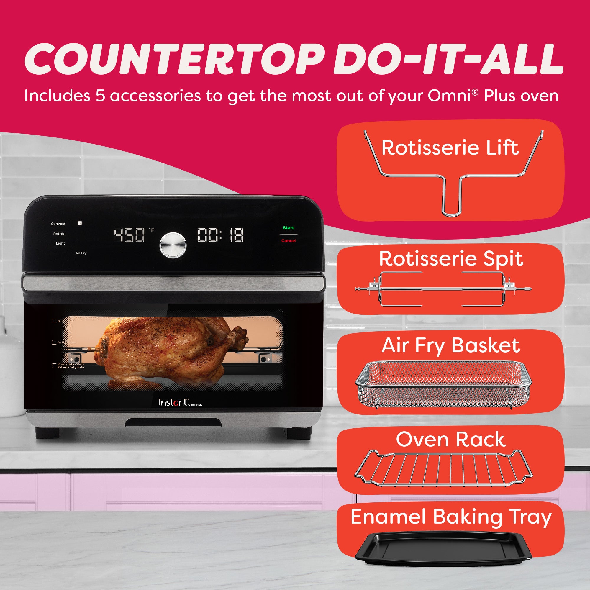 Oven cooking rotisserie chicken with labeled accessories: rotisserie lift, spit, basket, rack, and baking tray.