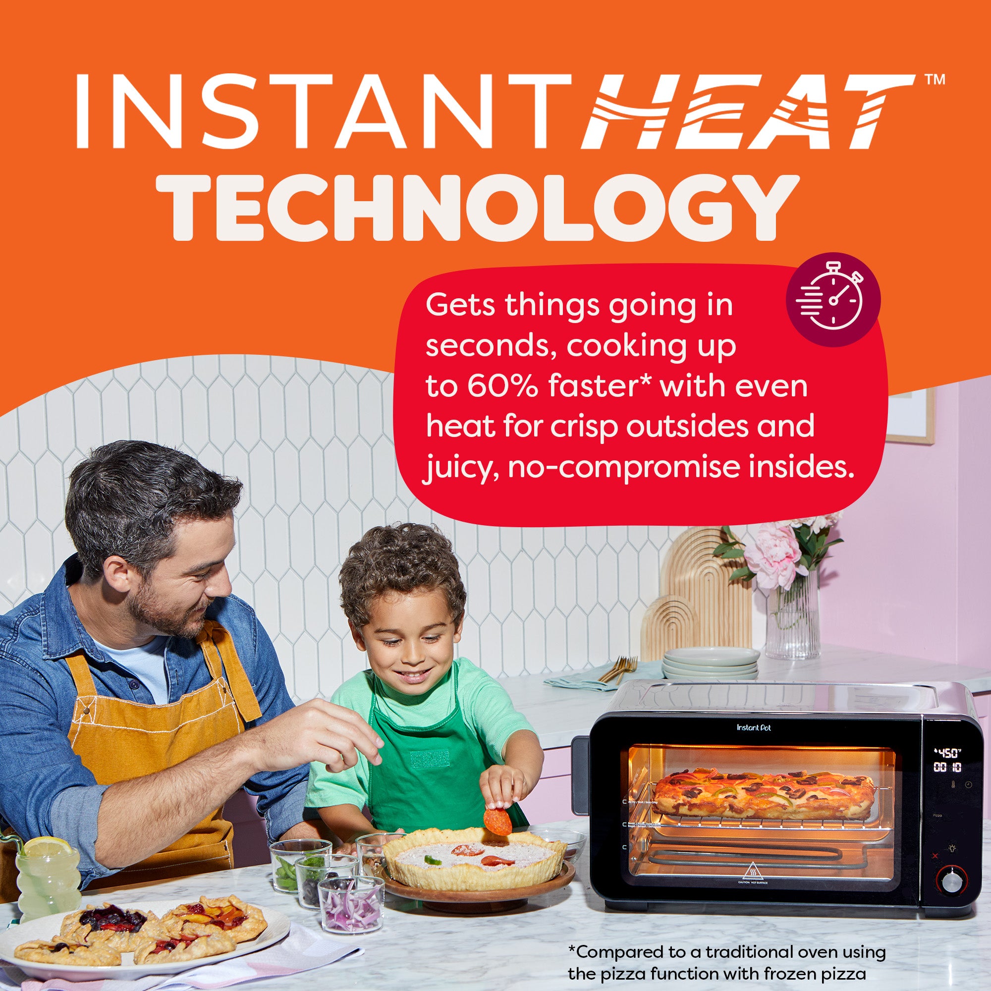 A father and son prepare a pie together at a kitchen counter next to the Instant Pot® 6-Slice InstantHeat™ Air Fryer Toaster Oven, which is cooking a pizza inside. Bold text highlights “InstantHeat™ Technology” and describes faster, more even cooking with crispy outsides and juicy insides.