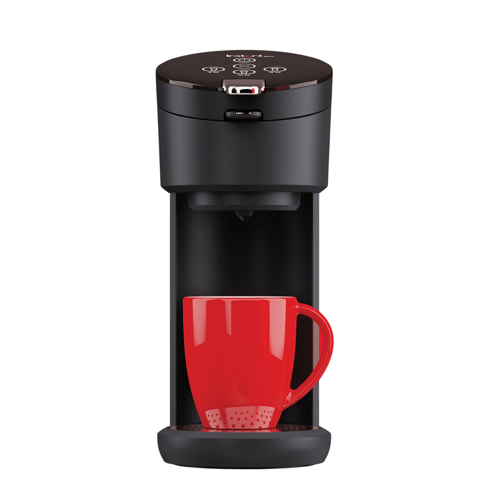 Instant Pot® Solo Single-Serve Coffee Maker in black, shown with a red mug positioned on the drip tray beneath the brewing spout.