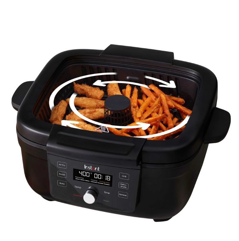 Instant Pot® Indoor Grill with lid removed, showing chicken tenders and sweet potato fries inside the cooking basket with white arrows indicating circular airflow for even crisping.