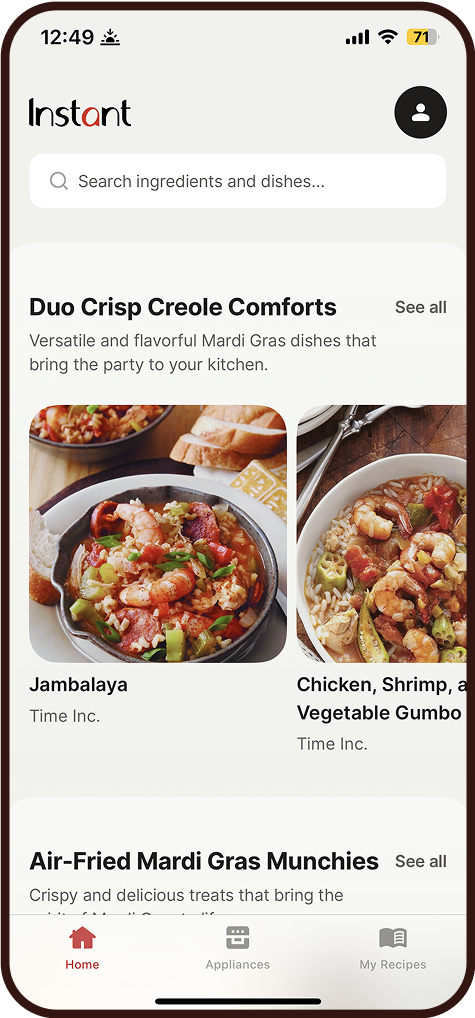 Image of phone screen showing Instant Connect app homepage including two recipes and a search bar