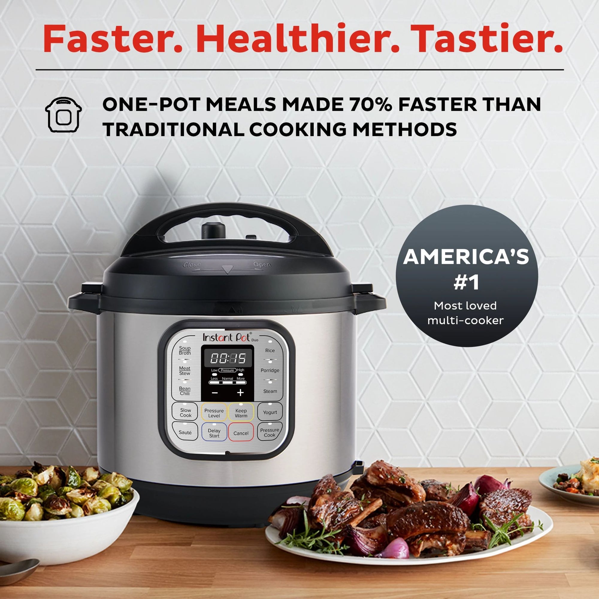  Instant Pot Duo 6-qt Multi-Use Pressure Cooker with text Faster, Healthier, Tastier