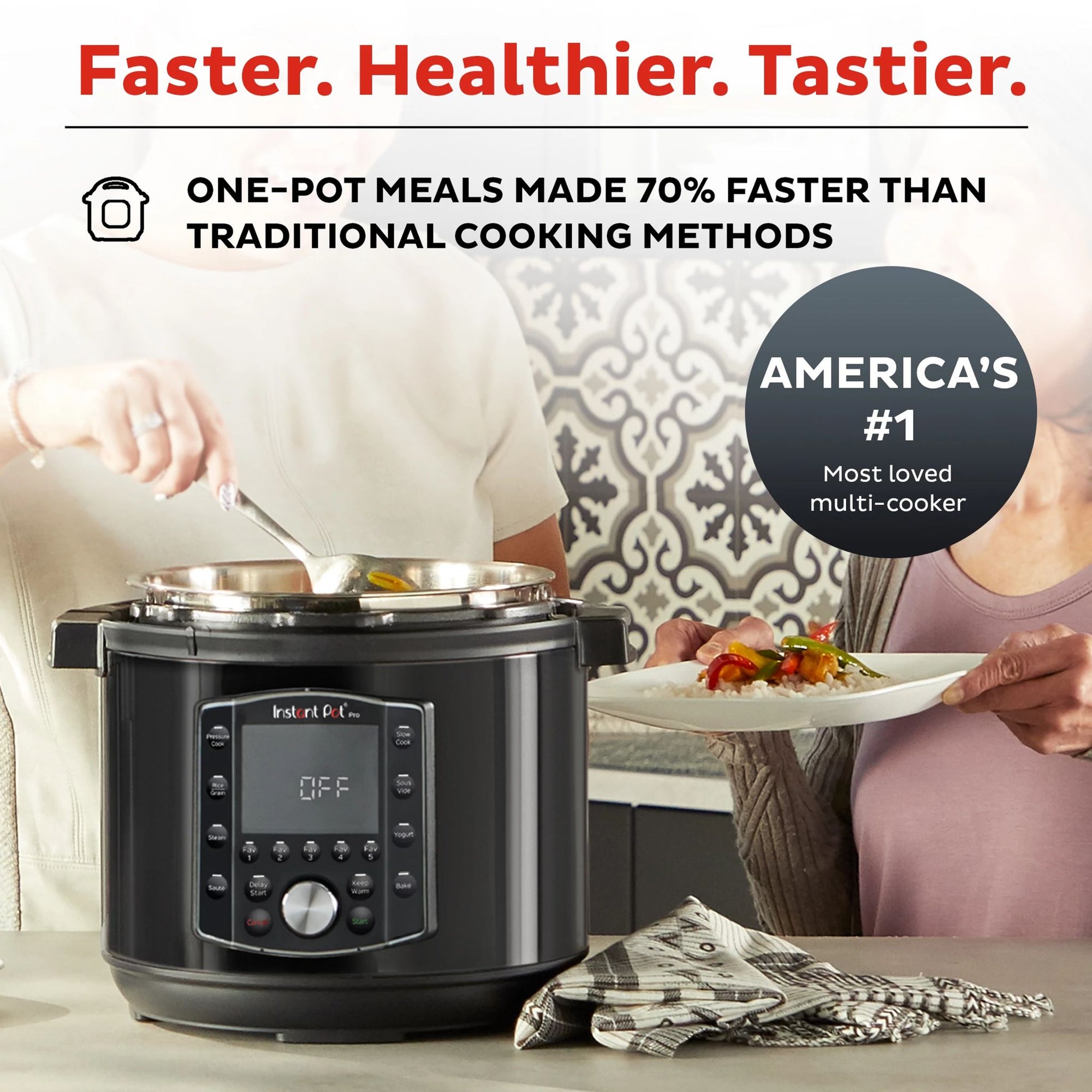  Instant Pot® Pro Multi-Use 6-qt Pressure Cooker with text Faster, Healthier, Tastier
