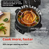  Instant Pot RIO 7.5-quart Multicooker with text 35% larger holds a 5lb chicken, 3 racks of ribs, 9" can pan or more