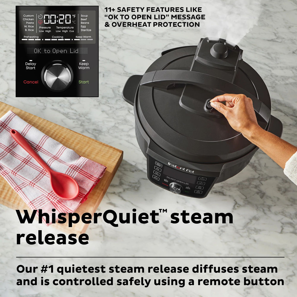  Instant Pot RIO 7.5-quart Multicooker with text WhisperQuiet steam release