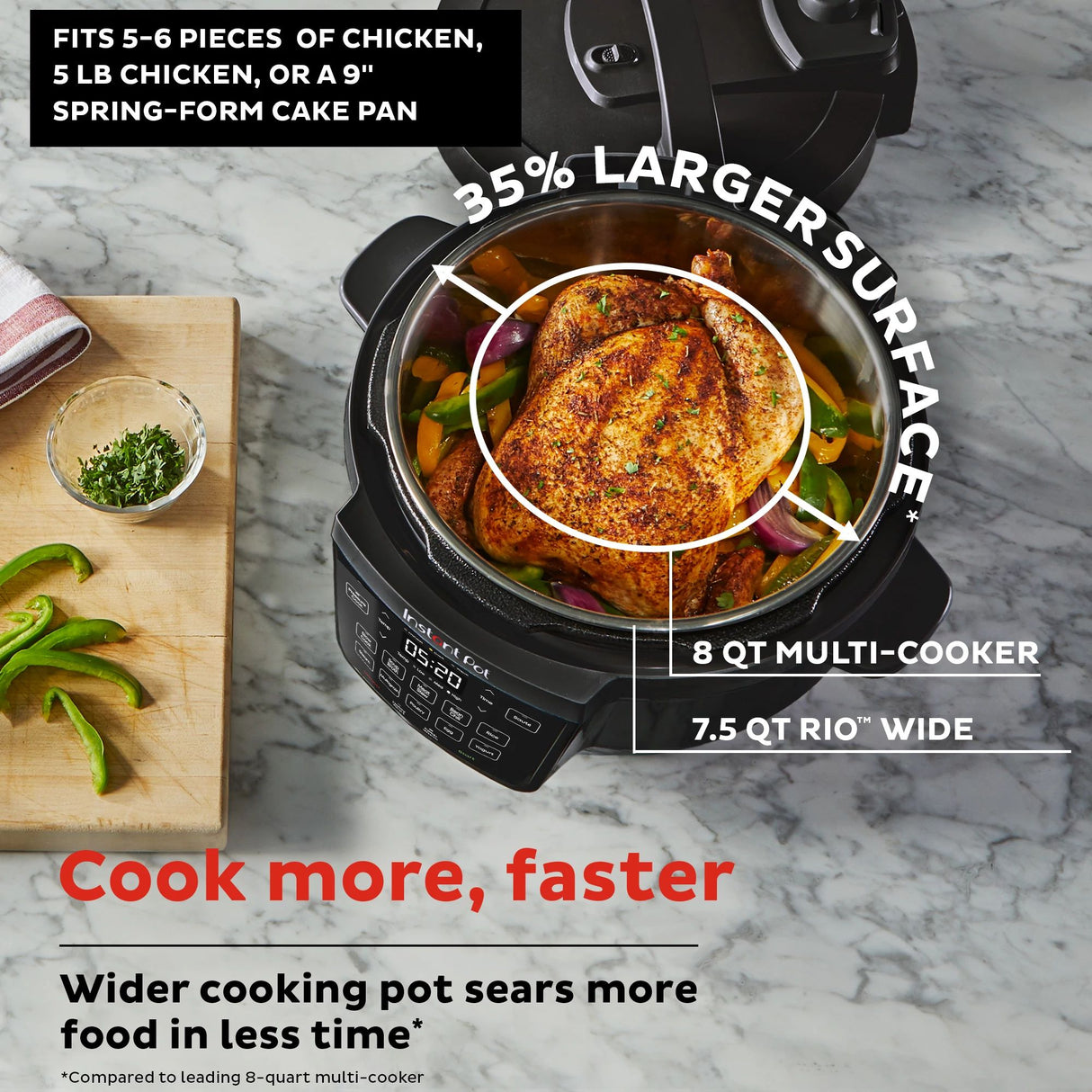  Instant Pot RIO Wide 7.5-quart Multicooker on the counter with text in photo cook more, faster, 35% larger surface
