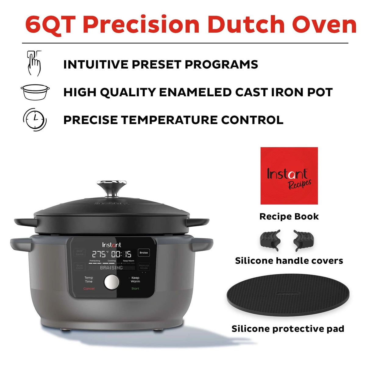  Instant™ Precision 6-quart Dutch Oven, Black Lid with text 6 quart Precision Dutch Oven