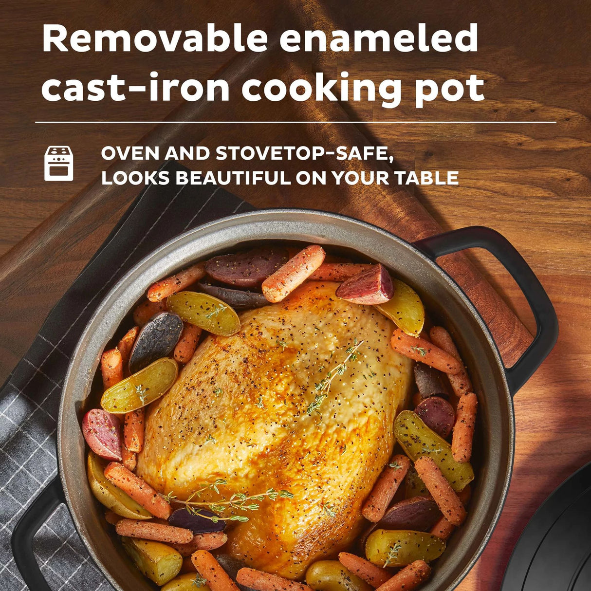 Instant™ Precision 6-quart Dutch Oven, Black Lid with text Removable enameled cast-iron cooking pot