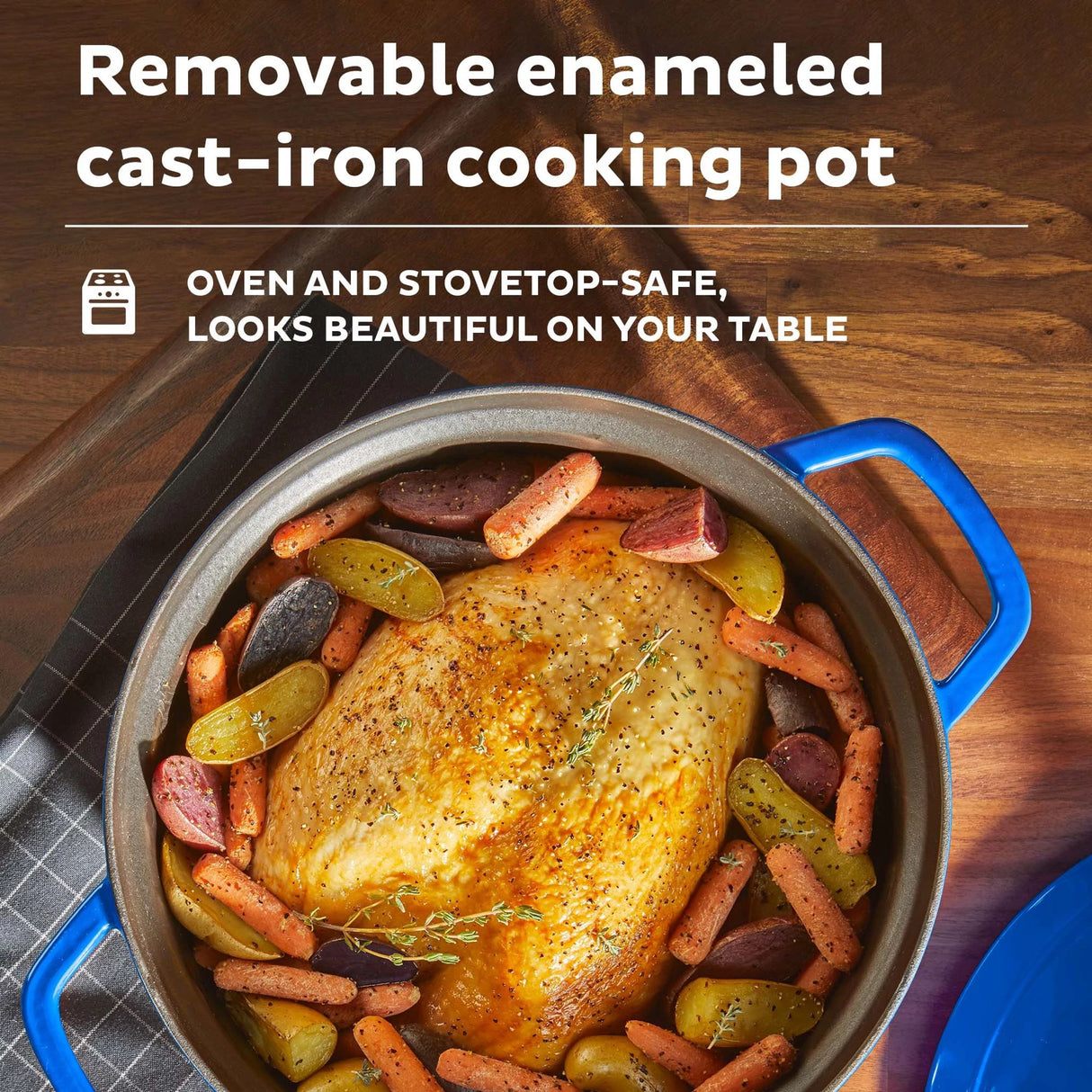  Instant Precision 6-quart Dutch Oven, Blue Lid with text Removable enameled cast-iron cooking pot