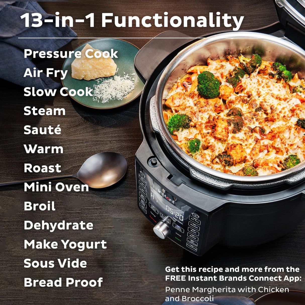  Duo™ Crisp™ 6.5-quart with Ultimate Lid Multi-Cooker &amp; Air Fryer with food inside and text 13-in-1 Functionality