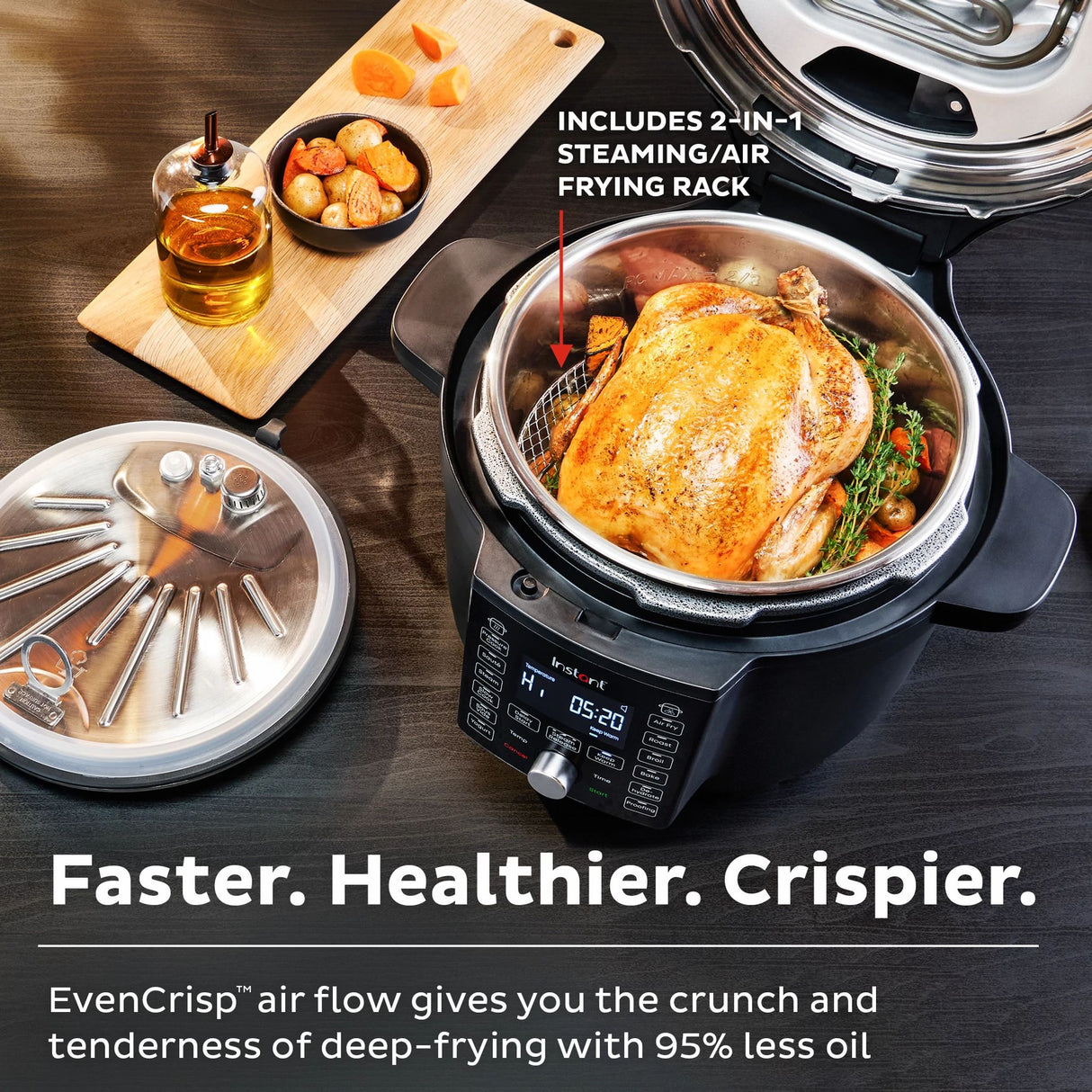  Instant Pot® Duo™ Crisp™ 6.5-quart with Ultimate Lid Multi-Cooker and Air Fryer on counter with text faster,healthier,crisper