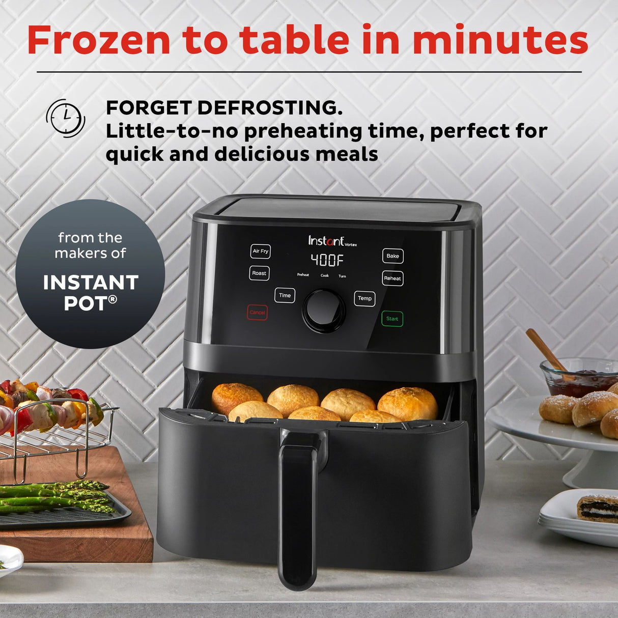  Instant™  Vortex™ 5.7-quart Air Fryer with text Frozen to table in minutes