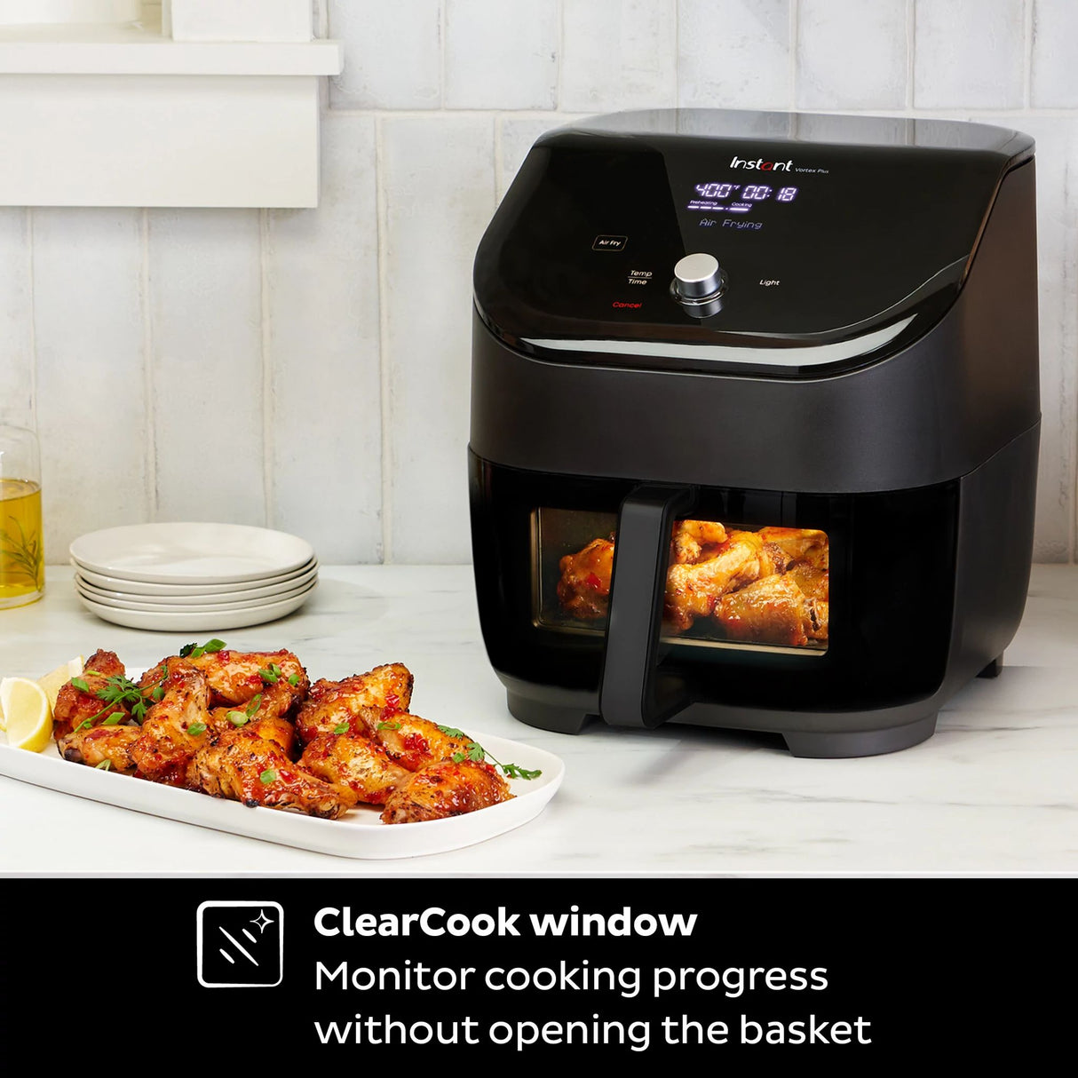  Vortex Plus 6-quart ClearCook Air Fryer on the counter with "text "clear cook window"