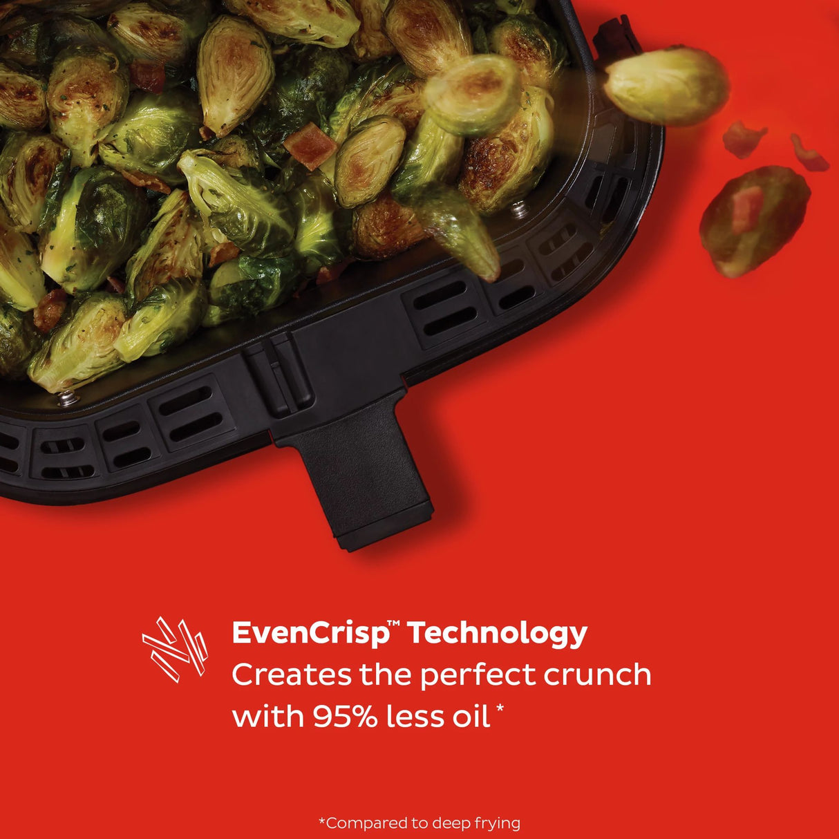  Vortex Plus 6-quart ClearCook Air Fryer with text EvenCrisp Technology - Creates the perfect crunch with 95% less oil