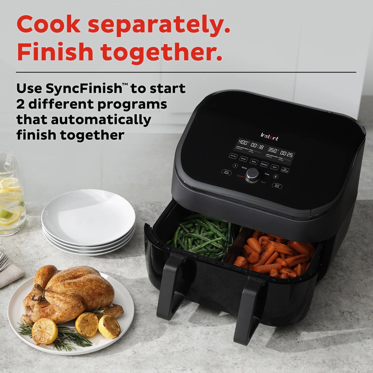  Instant Vortex 9-qt Air Fryer with VersaZone Technology with text Cook separately. Finish together.