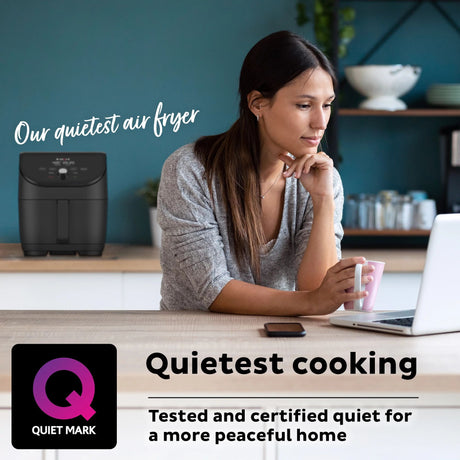  Instant Vortex Slim 6-quart Air Fryer with text quietest cooking tet &amp; certified quiet for a more peaceful home
