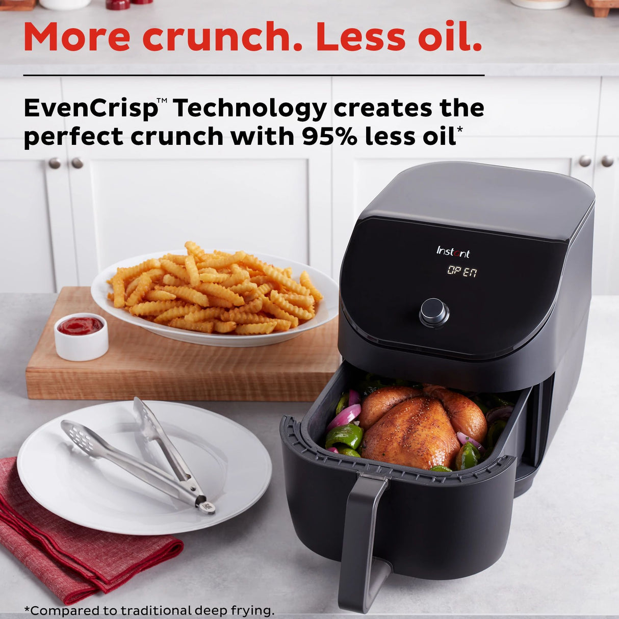  Instant Vortex Slim 6-quart Air Fryer with text more crunch, less oil