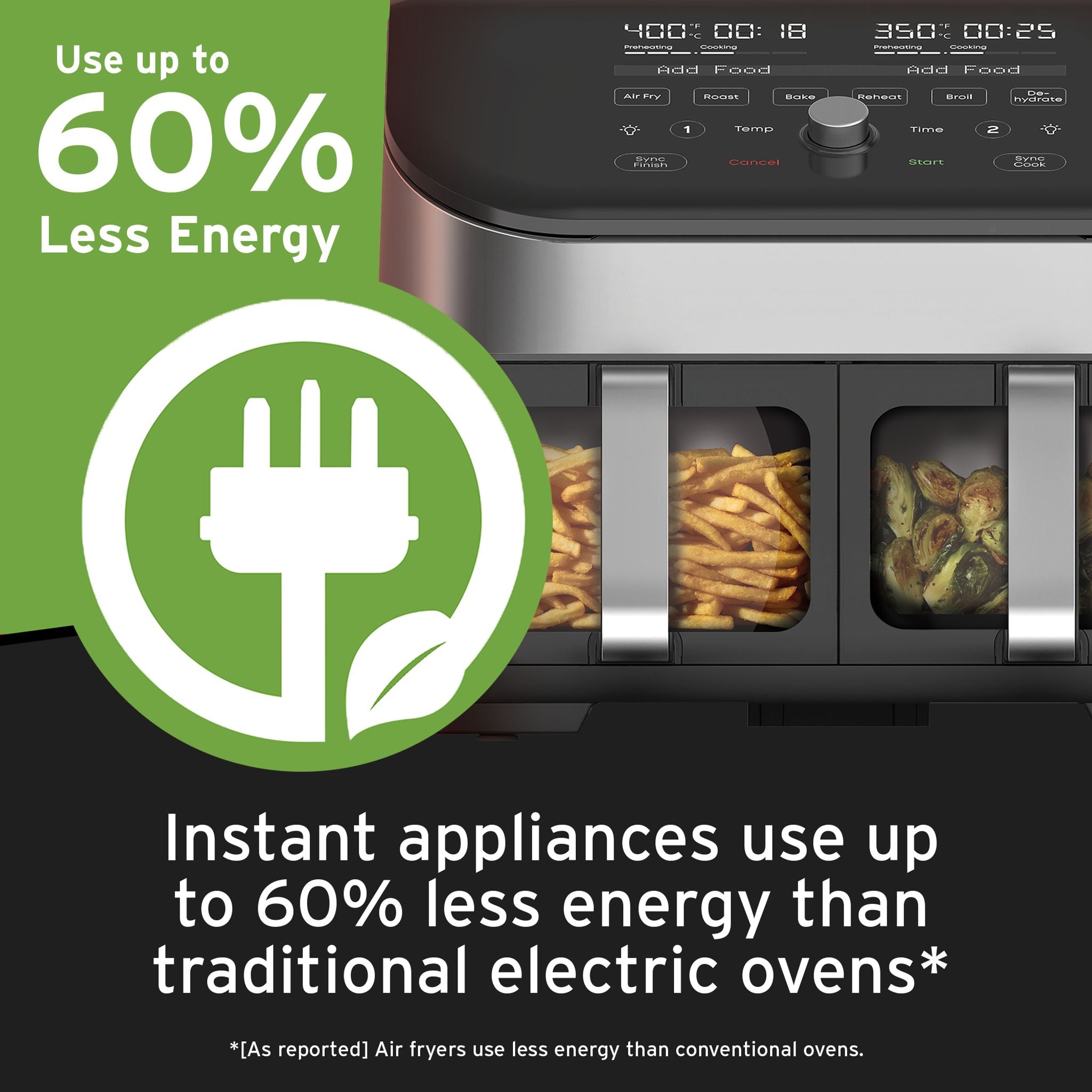  Vortex Plus Dual 8-qt Stainless Steel Air Fryer with ClearCookwith text Use up to 60% less energy