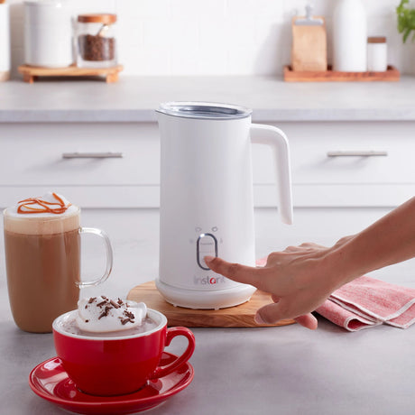  Instant White Milk Frother on counter with coffee &amp; hot chocolate