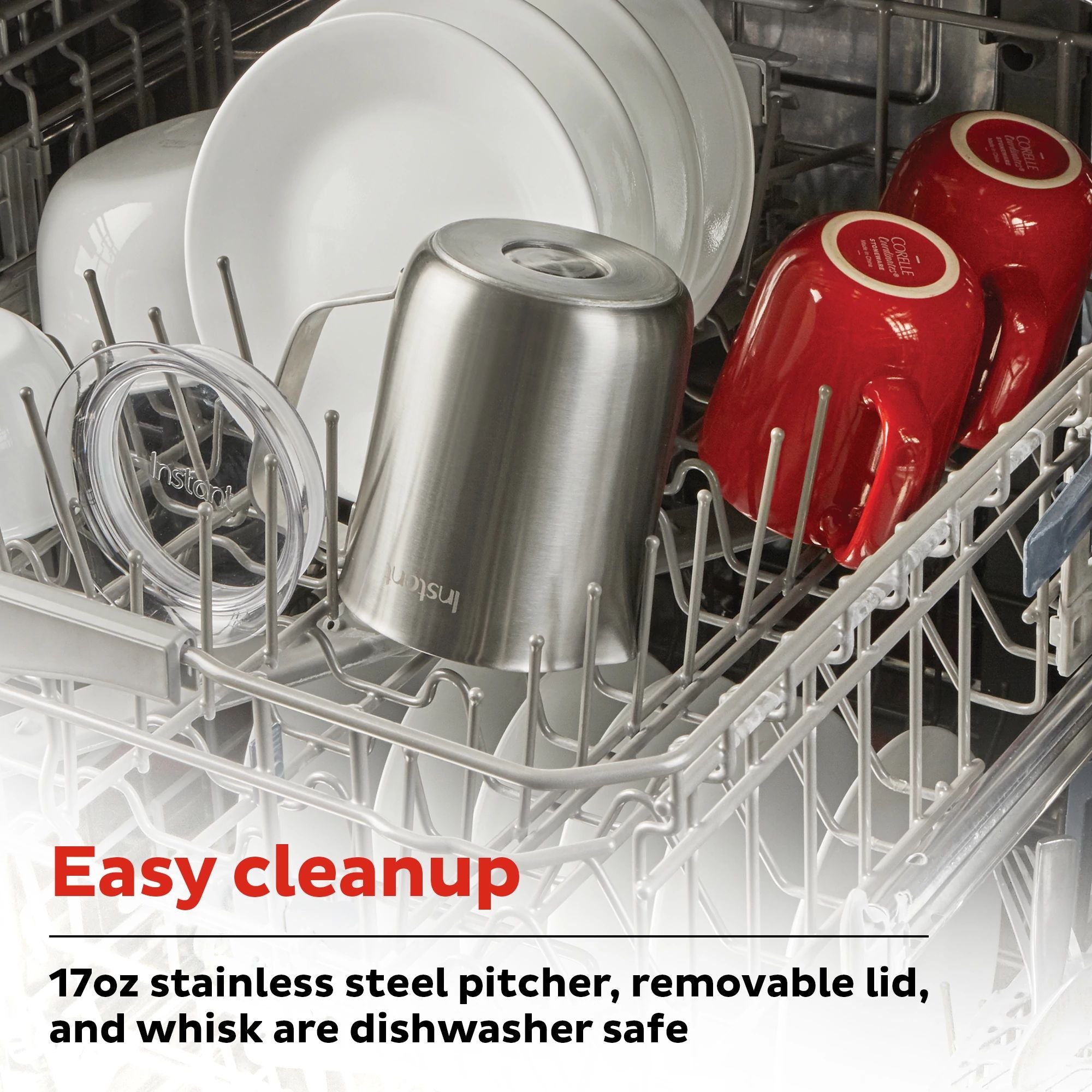  Instant Magic Froth with text easy cleanup 17oz stainless steel pitcher, removable lid &amp; whisk are dishwasher safe
