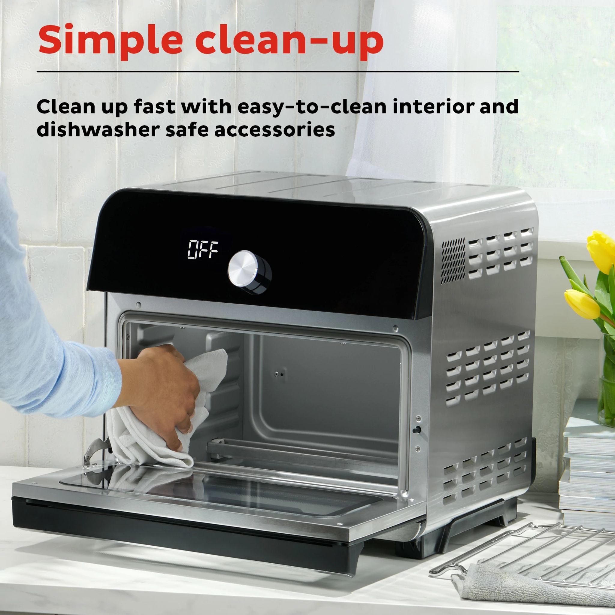  Instant Pot 18L Omni Plus Toaster Oven  front panel-text that says Simple Clean-up