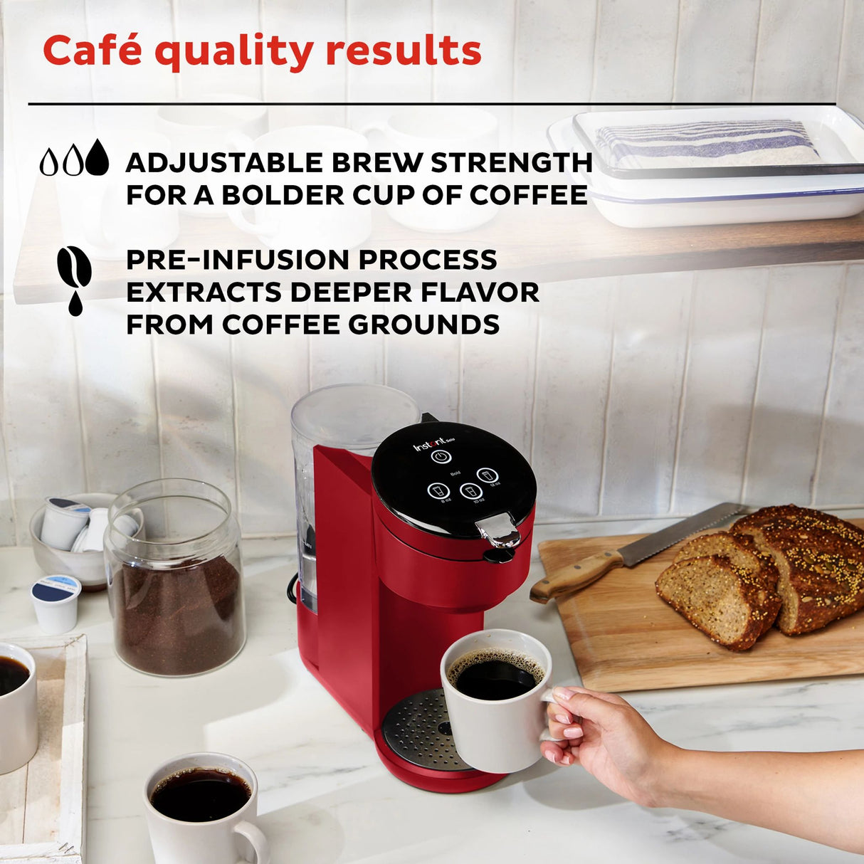  Instant Solo Maroon Single Serve Coffee Maker with text cafe quality results