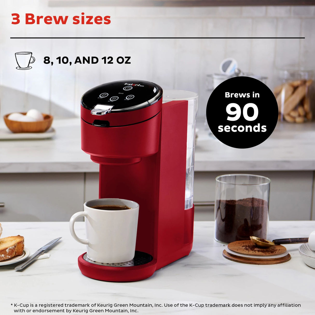  Instant Solo Maroon Single Serve Coffee Maker with text 3 brew sizes
