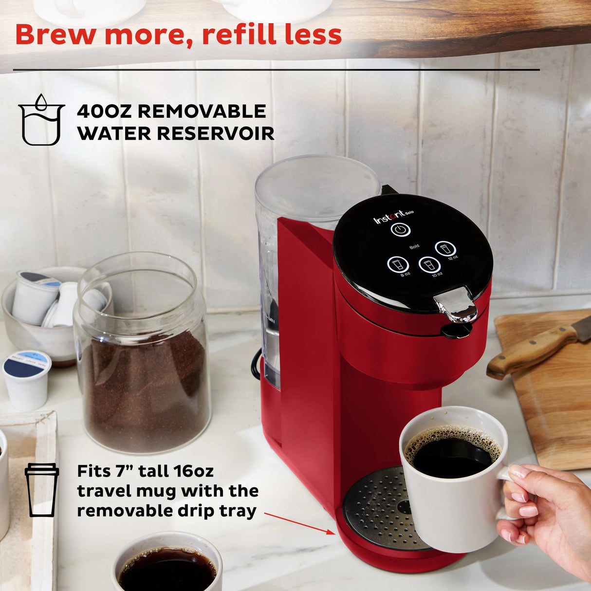  Instant Solo Maroon Single Serve Coffee Maker with text brew more, refill less