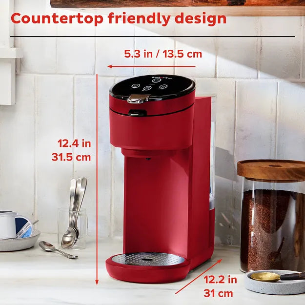  Instant Solo Maroon Single Serve Coffee Maker with text coutertop friendly design