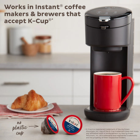  Instant French Dark Roast 30 Compostable Coffee Pods with text works in instant coffeemakers &amp; brewers that accept k-cup