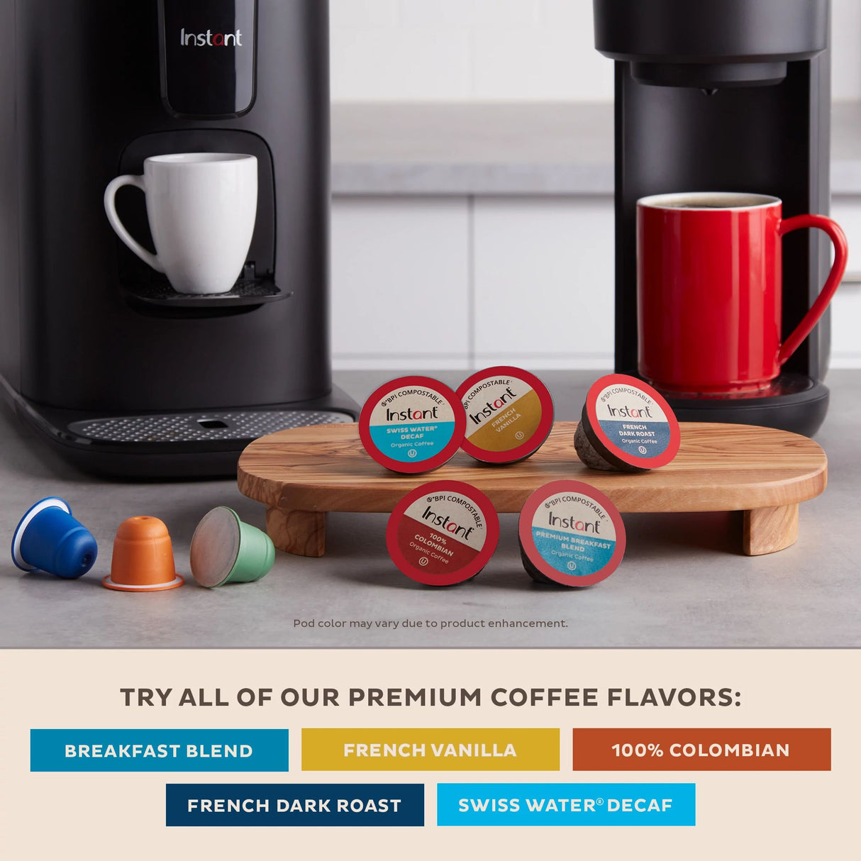  Instant French Dark Roast 30 Compostable Coffee Pods with text try all of our premium coffee flavors