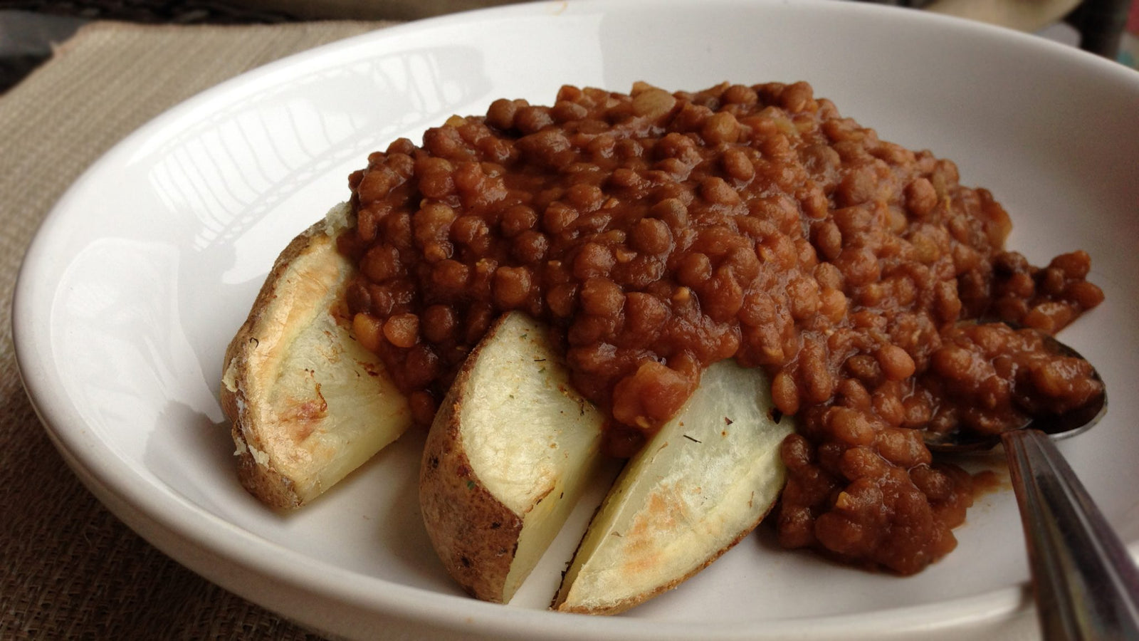 Barbecue Lentils over Baked Potato Wedges