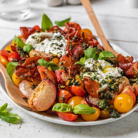 Summer Peach & Tomato Salad with Crispy Ham and Pistachio Pesto