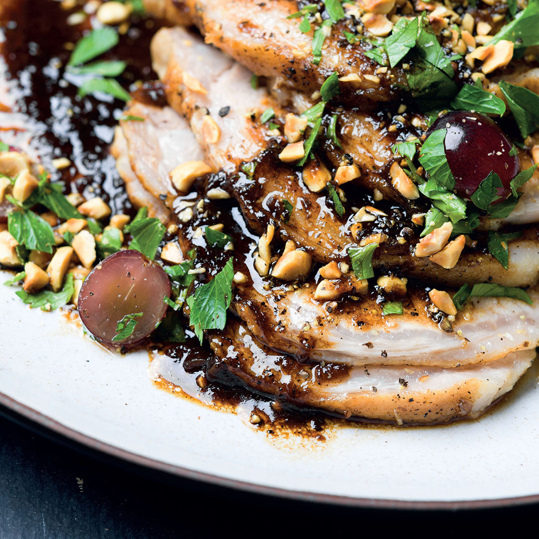 Agrodolce Pork Loin with Grapes, Parsley and Hazelnuts