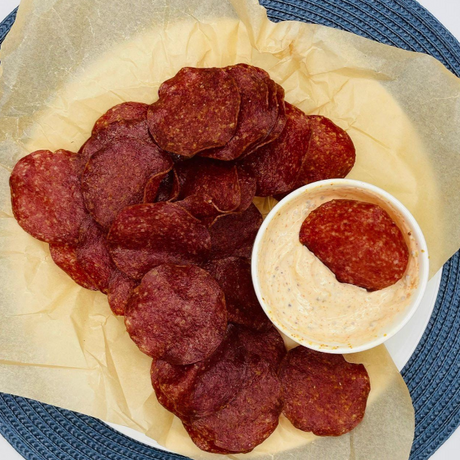 Air Fryer Salami Chips with Spicy Mustard Dip